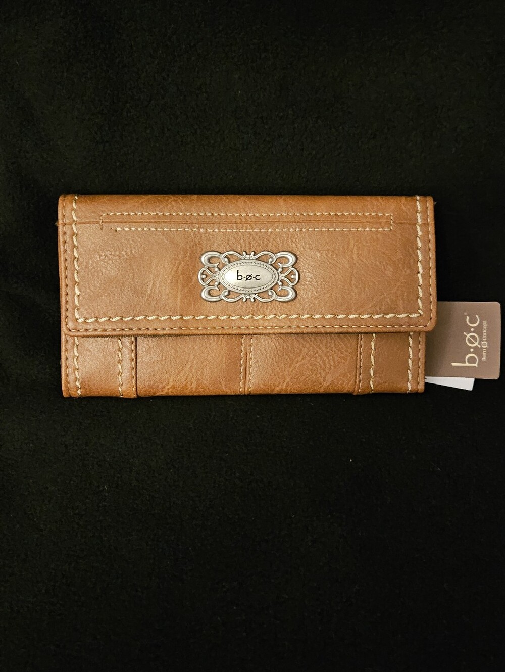 NWT - b.o.c. Tan Faux Leather Tri-Fold Wallet w/Decorative Logo Plate